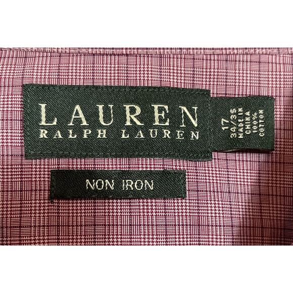 LAUREN RALPH LAUREN Men’s 17 34/35 Non Iron Shirt Maroon Plaid - Picture 2 of 3